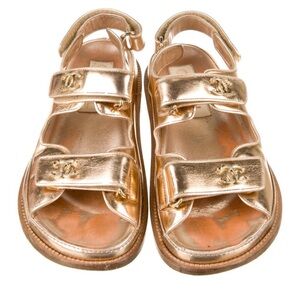 CHANEL DAD Kids Metallic Gold Triple-Strap Velcro Sandals